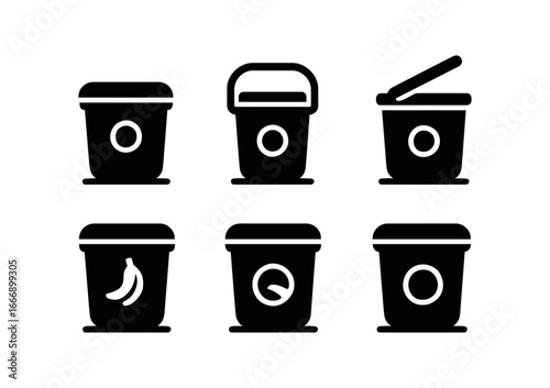 vector solid black filled icons food waste bin (kitchen caddy): countertop caddy handle grip lid hinge food peel shadow smear light rim.