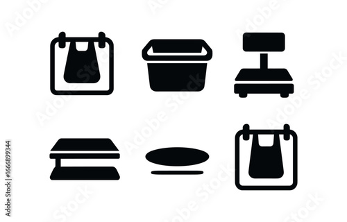 vector solid black filled icons grocery self checkout (bagging area): bag frames empty bins scale icon shelf edge shadow smear light rim.