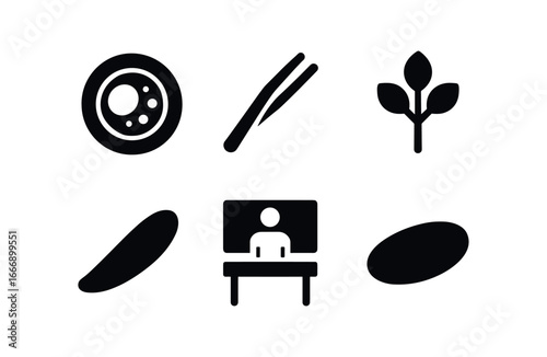 vector solid black filled icons cooking class scene (plating lesson): plated dish tweezers garnish sprig sauce swipe demonstration table shadow smear.