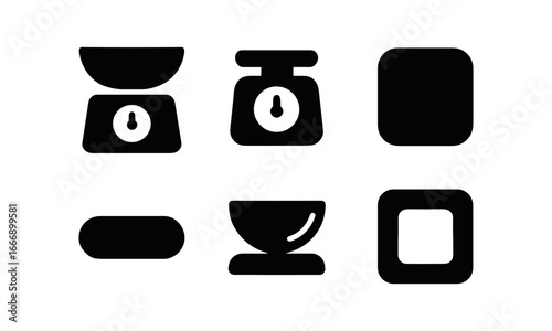 vector solid black filled icons kitchen scale (food weigh): bowl on scale scale outline number readout shadow smear highlight rim unit icon.