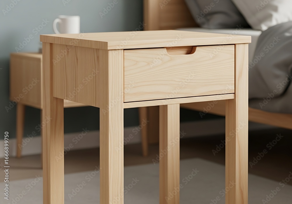 Fototapeta premium Light wood nightstand with drawer showcasing minimalist bedroom interior design and functionality