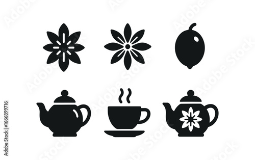 vector solid black filled icons tea pot and cup (spice infusion): spice icons pot outline cup saucer edge shadow smear highlight dot.
