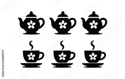 vector solid black filled icons tea pot and cup (floral pattern): bloom motif handle curl spout line cup saucer swirl shadow smear.