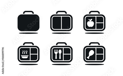vector solid black filled icons lunchbox with compartments (thermal case): insulated lining zipper seam compartment icons shadow smear highlight rim.