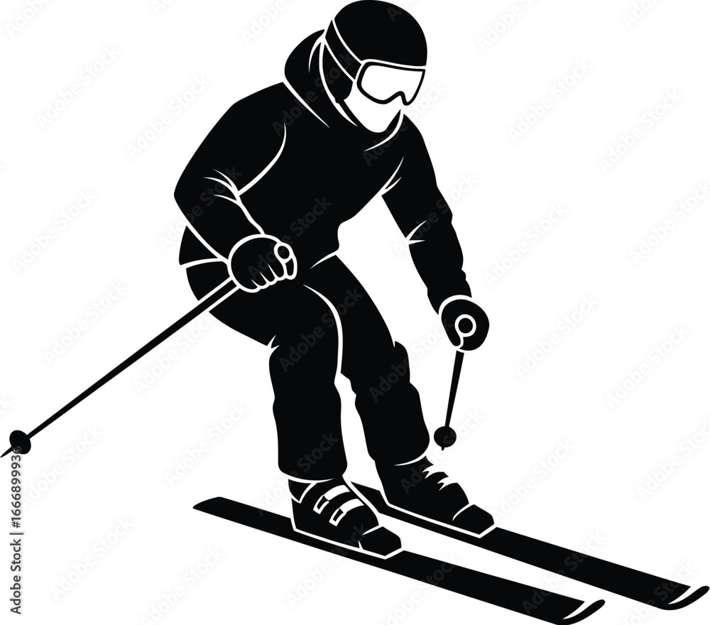 Obraz premium Vector art of a silhouette of a skier skiing downhill on a snowy mountain slope, capturing the thrill and excitement of winter sports in a dynamic style