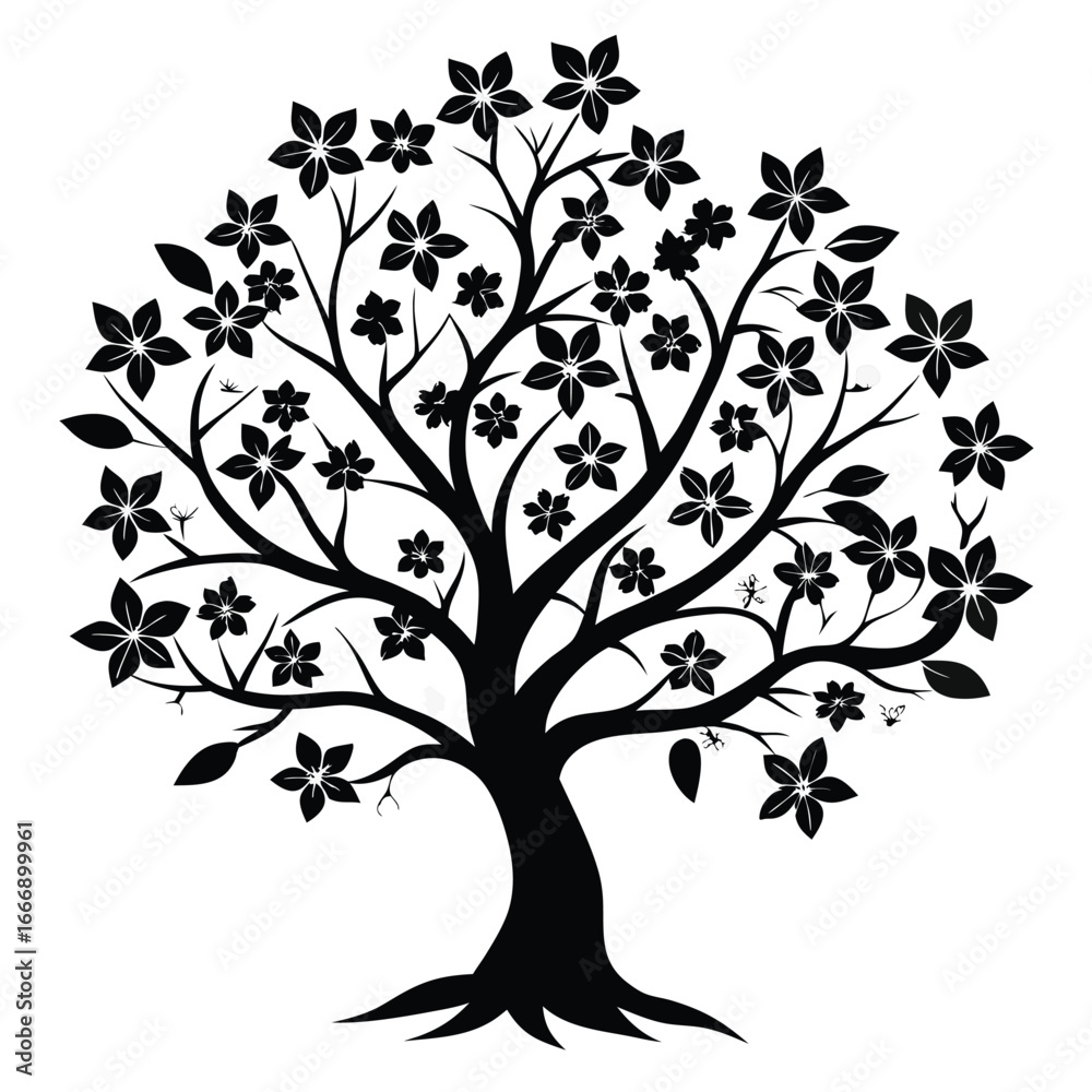 Fototapeta premium Black Silhouette of a Tree with Blossoms and Leaves, Decorative Artistic Illustration