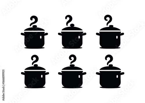 vector solid black filled icons cooking pot (simmer swirl): plume pot lid handle grip pot rim shadow smear highlight dot.