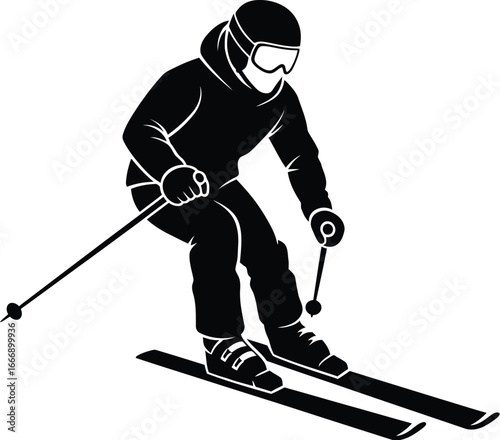 Vector art of a silhouette of a skier skiing downhill on a snowy mountain slope, capturing the thrill and excitement of winter sports in a dynamic style