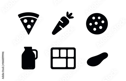 vector solid black filled icons cafeteria tray (school lunch): pizza slice carrot stick cookie icon milk jug tray grid shadow smear.
