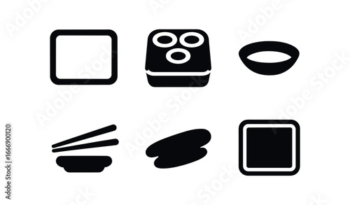 vector solid black filled icons takeout container (sushi tray): tray outline roll icons soy dish chopstick rest shadow smear light rim.
