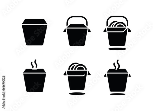 vector solid black filled icons takeout container (noodle box): folded top handle wires noodle peek swirl shadow smear light rim.