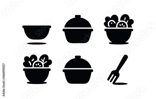 vector solid black filled icons takeout container (salad bowl): bowl edge lid dome salad icons fork outline shadow smear light rim.