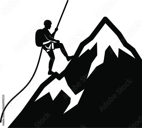 Vector art of a silhouette of a mountain climber ascending a steep peak with a rope, symbolizing adventure, challenge, and determination
