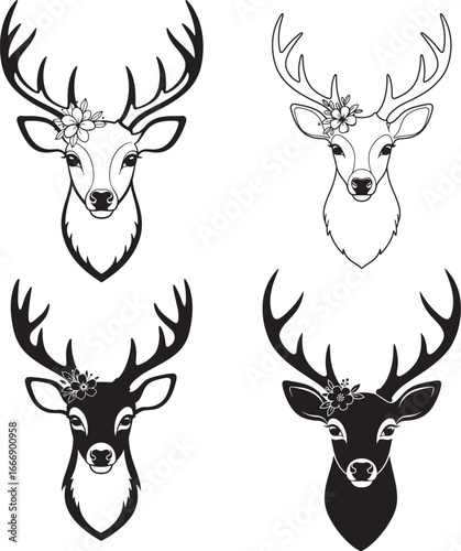 Four deer heads with antlers silhouette