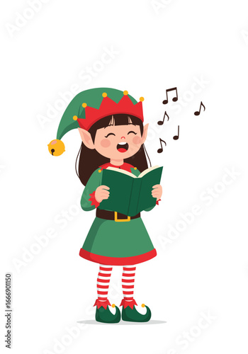 Joyful Christmas elf singing carols from a book, spreading holiday cheer with festive joy