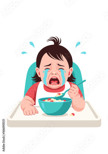 Frustrated toddler cries refusing to eat cereal, capturing the challenges of early childhood feeding times