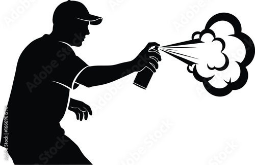 Vector art of a silhouette of a graffiti artist spraying paint from a can, creating street art on a wall in an urban city with a modern style