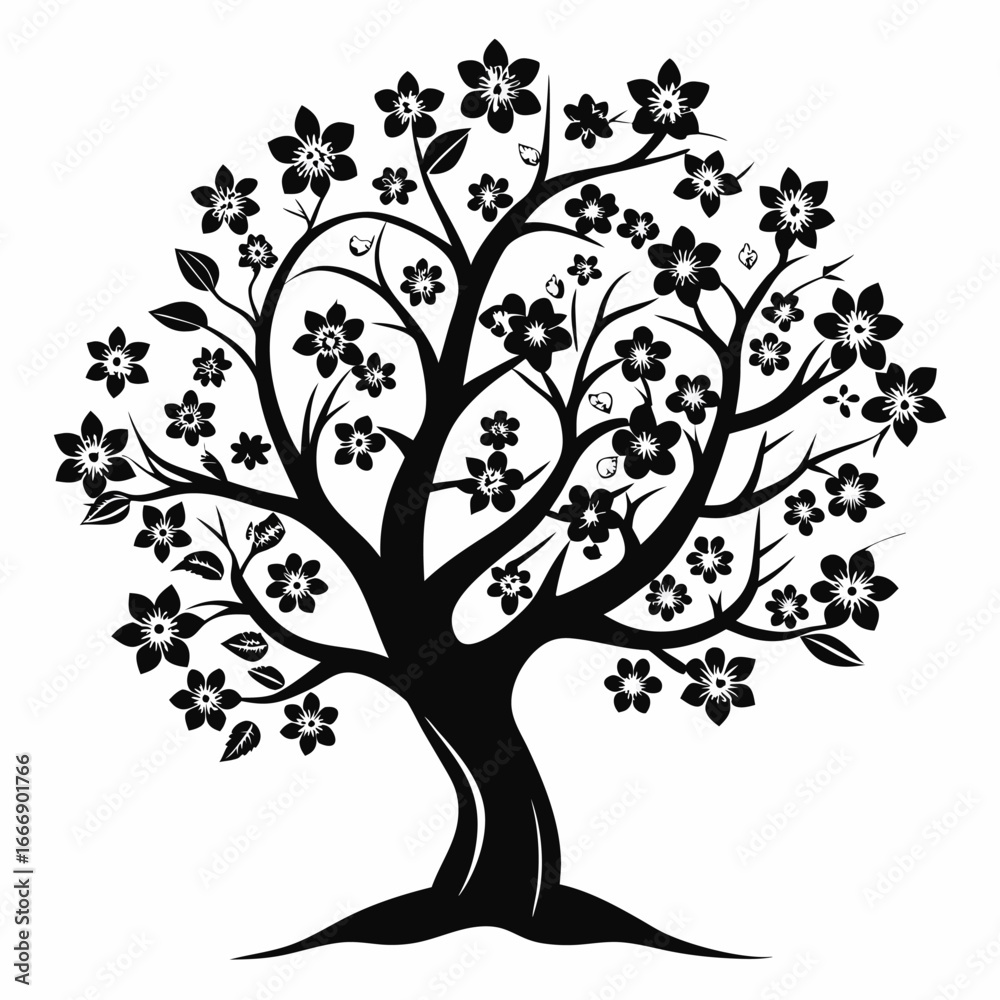 Obraz premium Black Silhouette of a Blooming Tree with Five Petaled Flowers and Leaves Vector Art