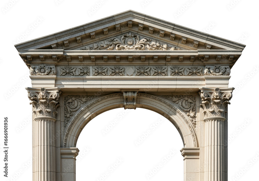 Fototapeta premium Ornate classical stone archway with columns and pediment isolated on transparent background