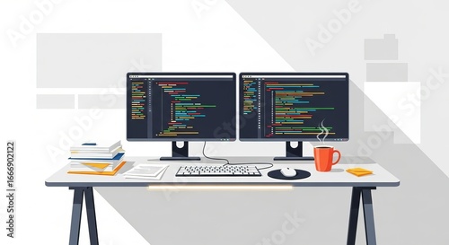 Workspace with two computer monitors displaying code isolated on white background