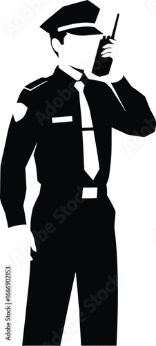 Vector art of a silhouette of a security guard in uniform, ensuring safety and protection with professional service