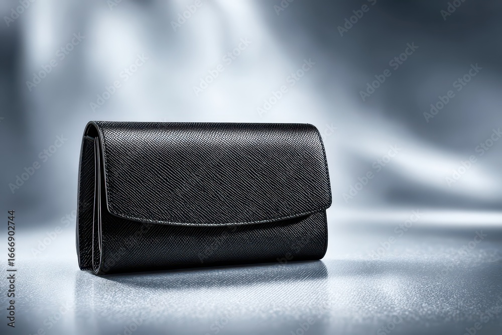Naklejka premium Sleek Black Leather Wallet Displayed on a Modern Reflective Surface