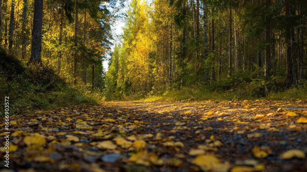 Fototapeta premium Autumn forest road in Sweden with golden leaves and warm natural lighting, shallow depth of field landscape concept