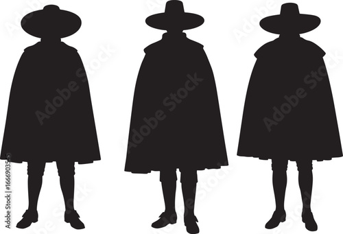 Three figures in historical costume with hats and capes silhouette