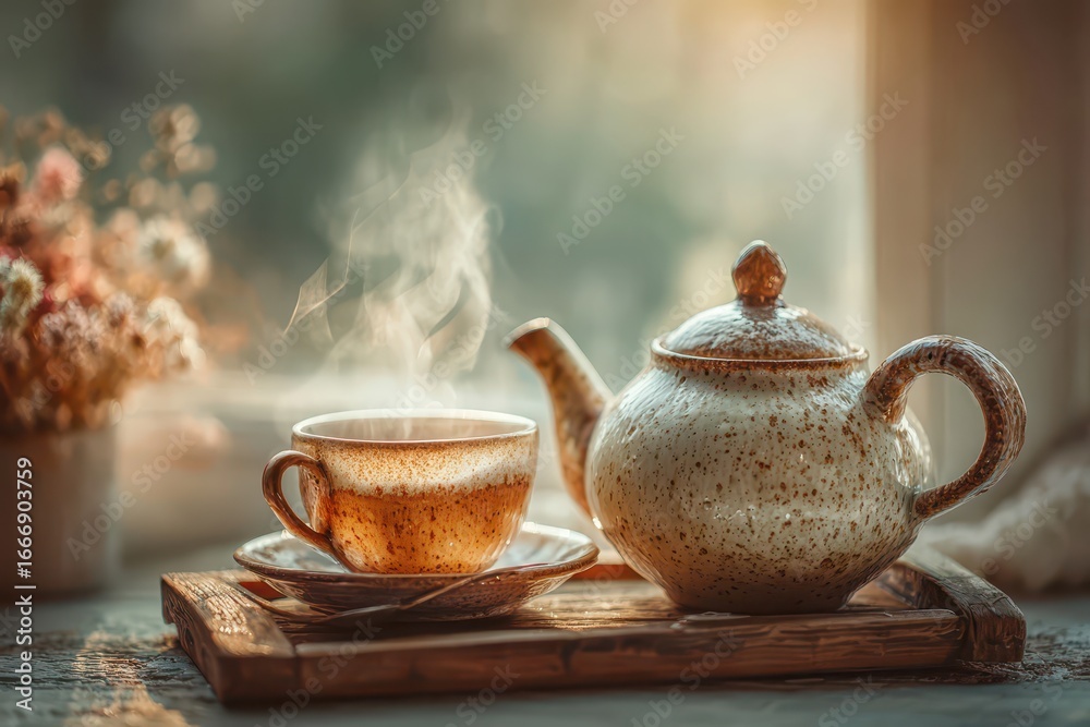Fototapeta premium Steaming cup of tea and ceramic teapot on wooden tray, cozy morning light.