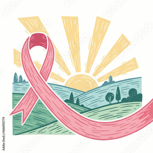 Breast Cancer Awareness Month: Pink Ribbon, Hopeful Sunrise Landscape. Support, Health, and Recovery in Woodcut Style.