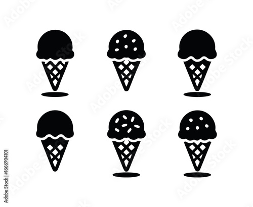 vector solid black filled icons ice cream cone (chocolate dip): chocolate shell nut bits cone texture drip ring crunch sprinkles shadow smear.