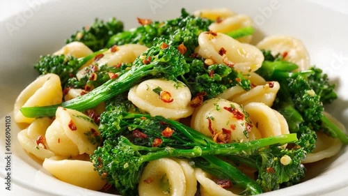 Pasta dish with broccoli and chili flakes: A delicious pasta dish featuring orecchiette pasta, vibrant green broccoli, and a sprinkle of chili flakes.