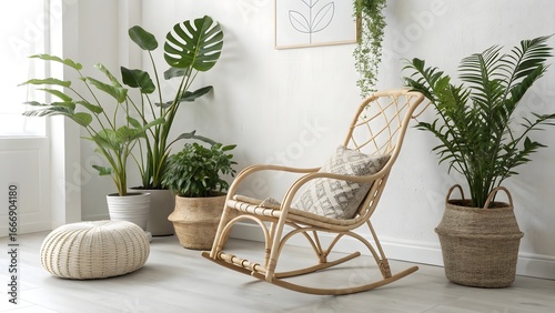 Relaxing Interior with Rattan Rocking Chair and Green Plants Against a White Wall