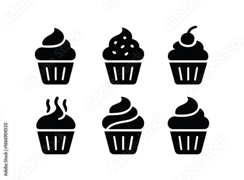 vector solid black filled icons cupcake with frosting (vanilla swirl): swirl peak sugar sprinkle cherry top liner fold aroma lines frosting ridge.