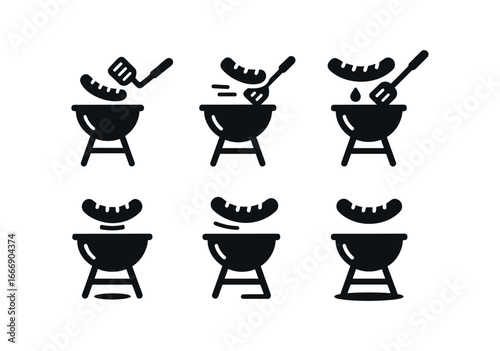 vector solid black filled icons BBQ grill with sausages (spatula flip): spatula head sausage fold motion line oil droplet shadow smear light rim.