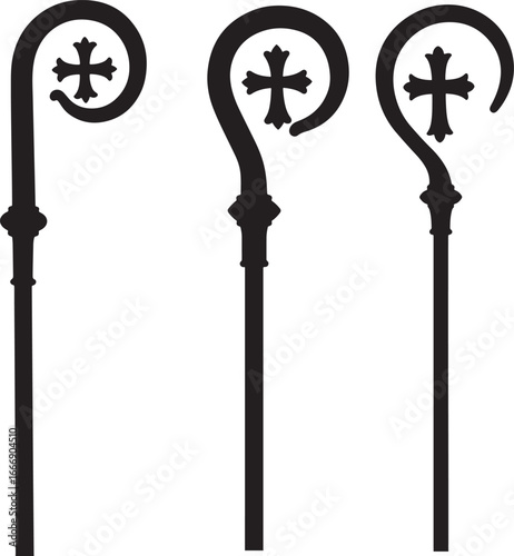 Three stylized bishop staffs with crosses in silhouette