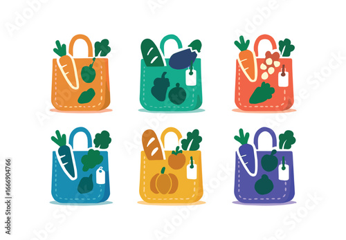 vector colorful filled icons grocery shopping bag (reusable bag): mesh texture handle loops shadow smear produce silhouettes label tag stitch dot.