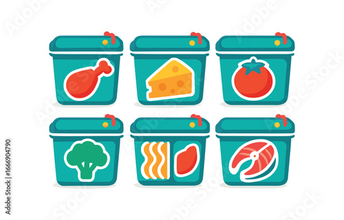 vector colorful filled icons meal prep container (silicone box): soft edge lid seam food icons shadow smear heart tag vent hole.