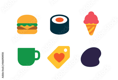 vector colorful filled icons shared bucket list (food goals): burger icon sushi roll ice cream cone coffee cup heart tag shadow smear.