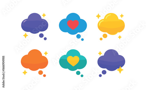 vector colorful filled icons talking about future (dream cloud): cloud shape thought lines heart icon shadow smear glow rim star dots.