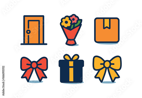 vector colorful filled icons surprise flowers (doorstep delivery): door outline bouquet icon package box ribbon bow shadow smear light rim.