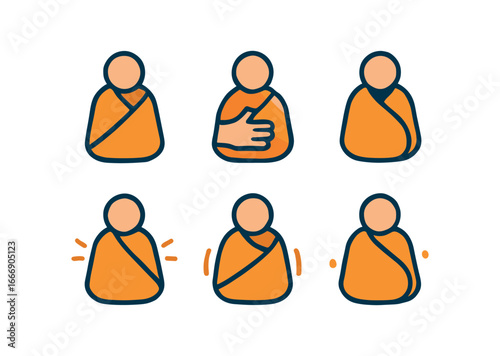 vector colorful filled icons support during stress (warm blanket): blanket fold hand grip shadow smear glow rim comfort lines line dot.
