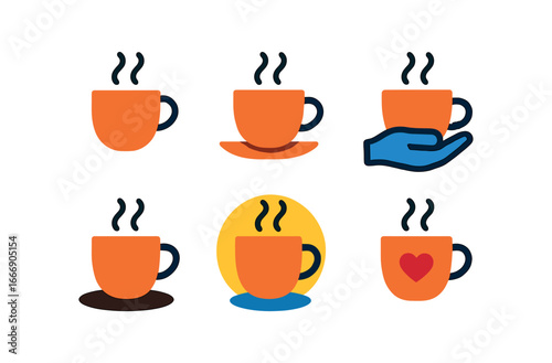 vector colorful filled icons support during stress (cup of tea): steaming cup saucer outline hand hold shadow smear glow rim heart dot.
