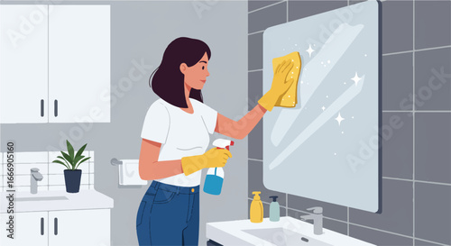 A cheerful young woman in a modern bathroom diligently cleans a large mirror with a spray bottle and cloth, depicted in a clean 2D flat vector illustration.