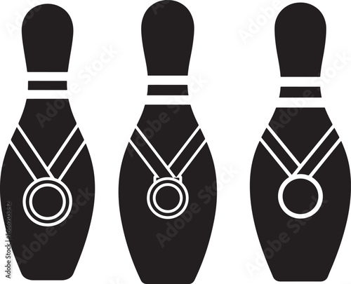 Three bowling pins with medals silhouette