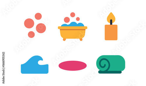 vector colorful filled icons candlelit bath (soap bubbles): bubble cluster tub rim candle flame water sheen shadow smear towel roll.