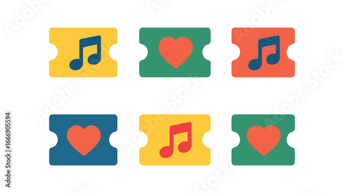 vector colorful filled icons shared playlist (concert tickets): ticket stub music note heart icon tear line perforation dots shadow.