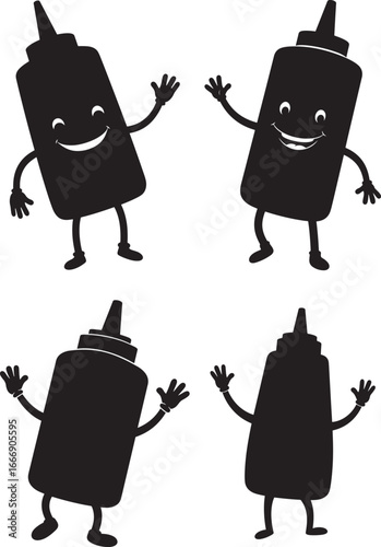 Four cartoon ketchup bottles dancing silhouette