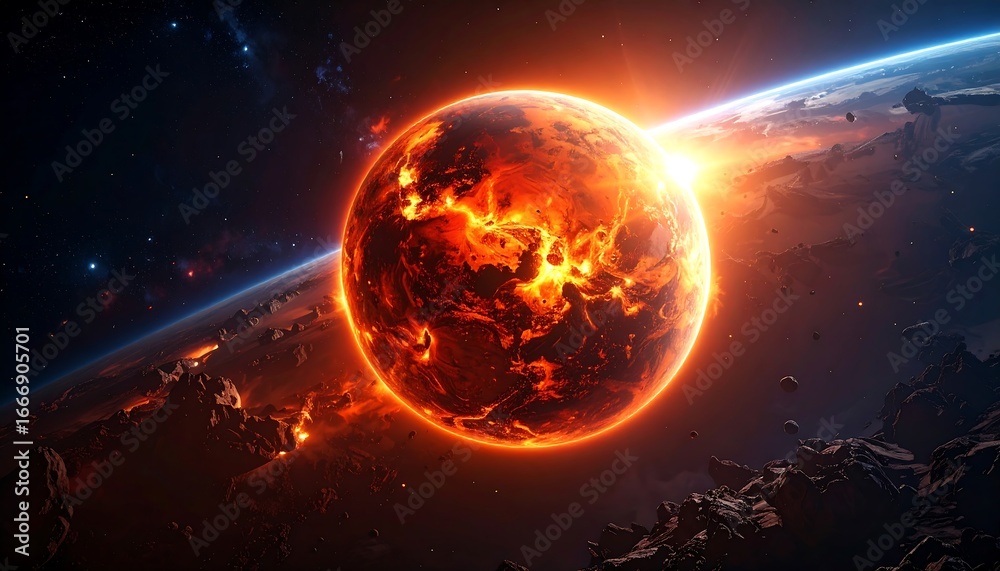 Fototapeta premium Burning Planet with Space, and Apocalypse.