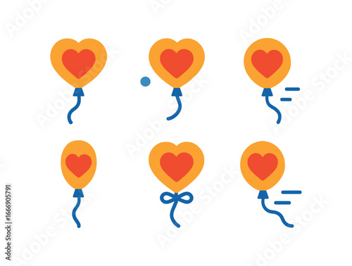 vector colorful filled icons long distance relationship (heart balloon): balloon shape string curl heart icon sky dot ribbon curl motion line.